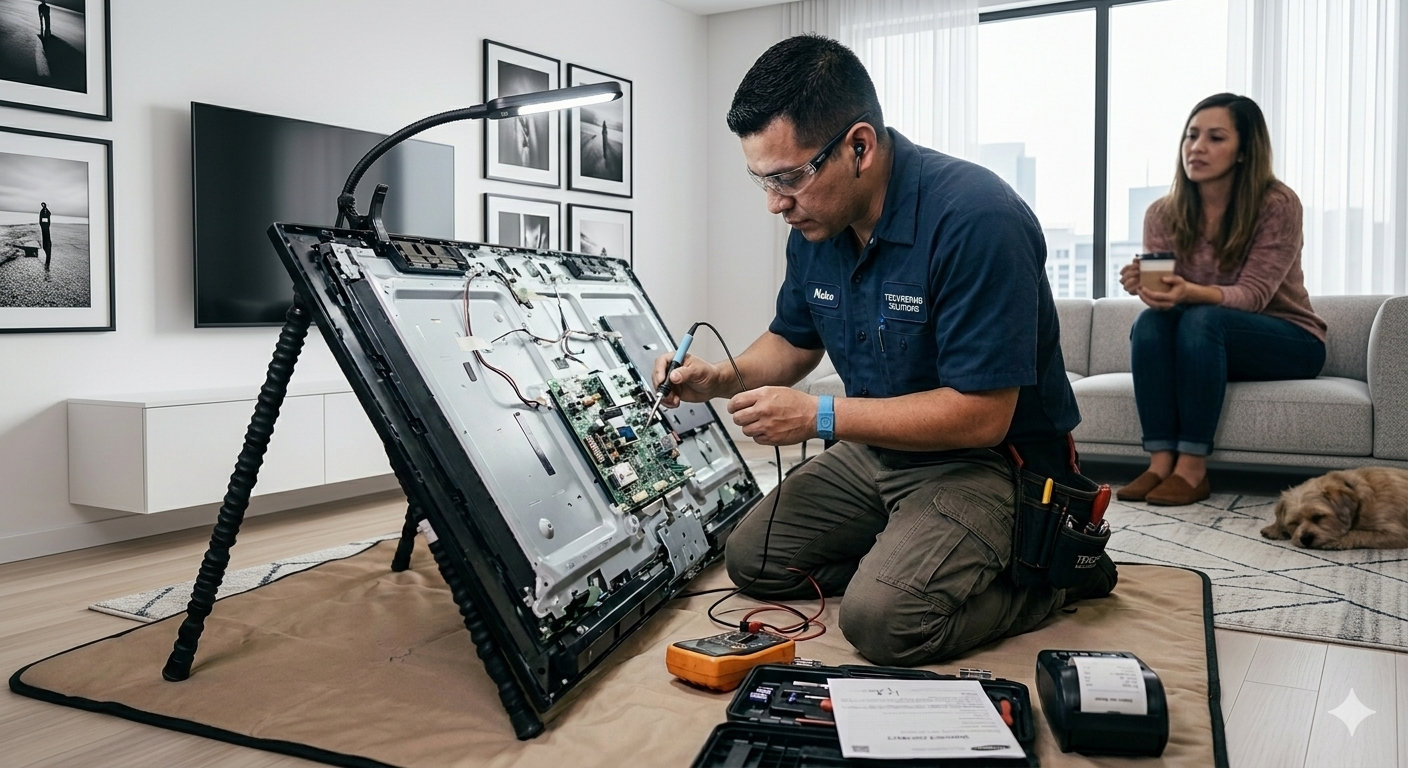 Técnico midiendo circuitos y tarjetas de Smart TV en el laboratorio de Guayaquil